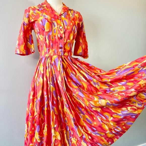 Vintage 1950s Shirtwaist Dress Vibrant Fall Colorful Retro 50s 60s Fit And Flare